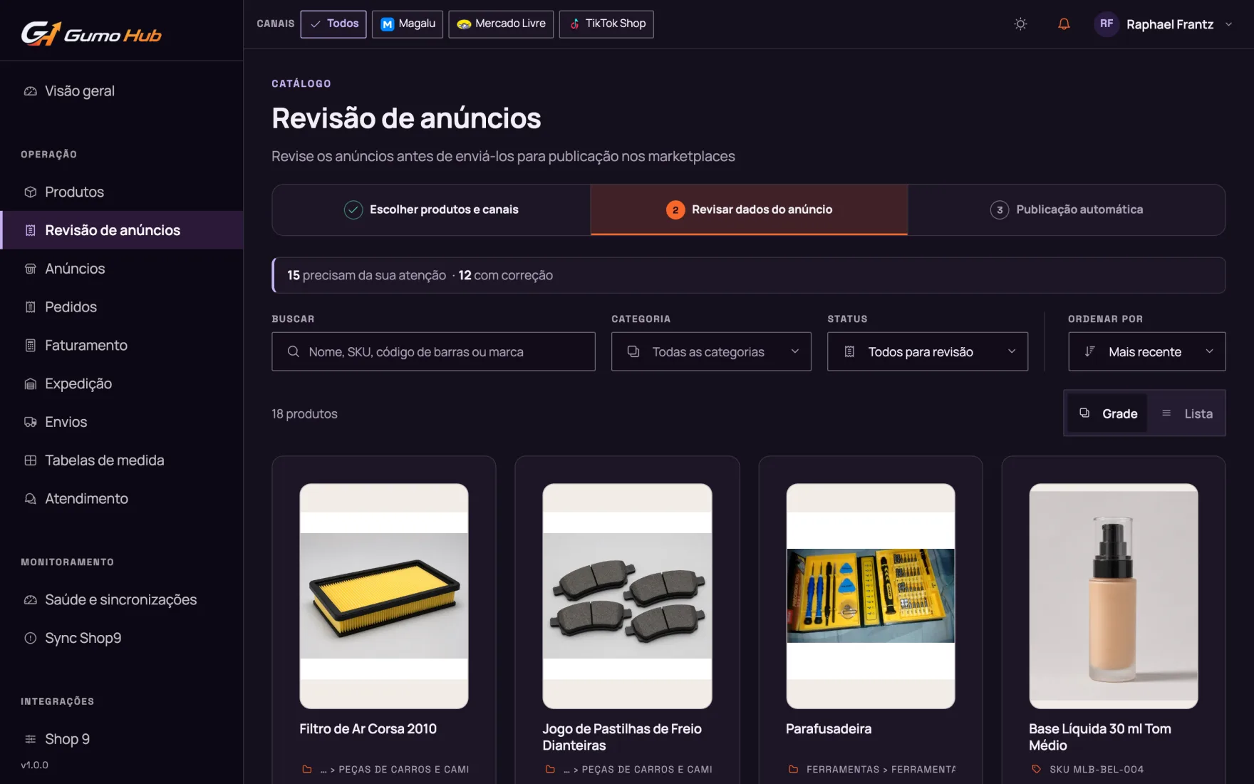 Fila de revisão de anúncios do Gumo Hub: produtos do Shop 9 preparados pela IA aguardando aprovação do operador