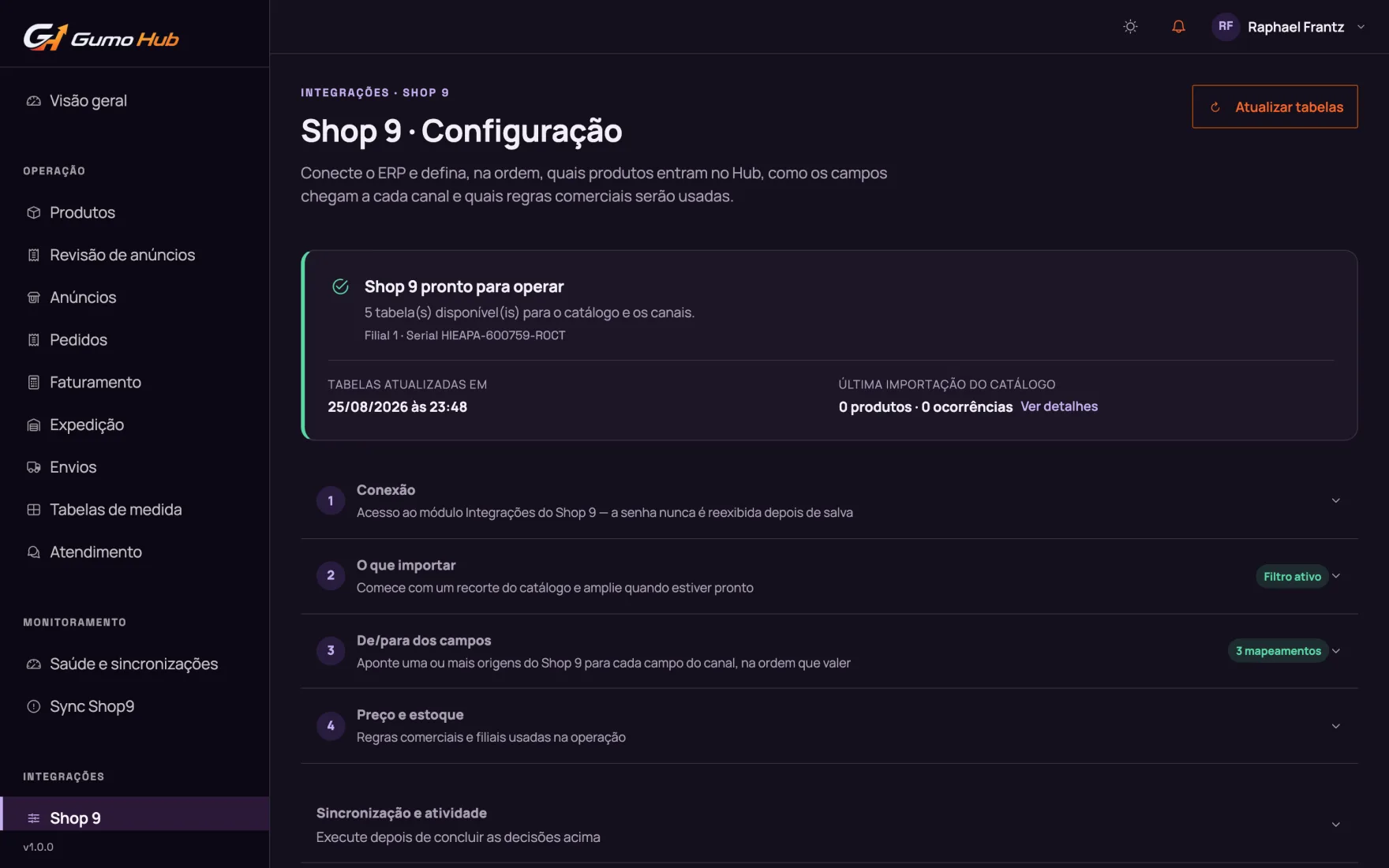 Tela de configuração do Shop 9 no Gumo Hub: conexão ao módulo Integrações, escolha do que importar, de/para dos campos e regras de preço e estoque